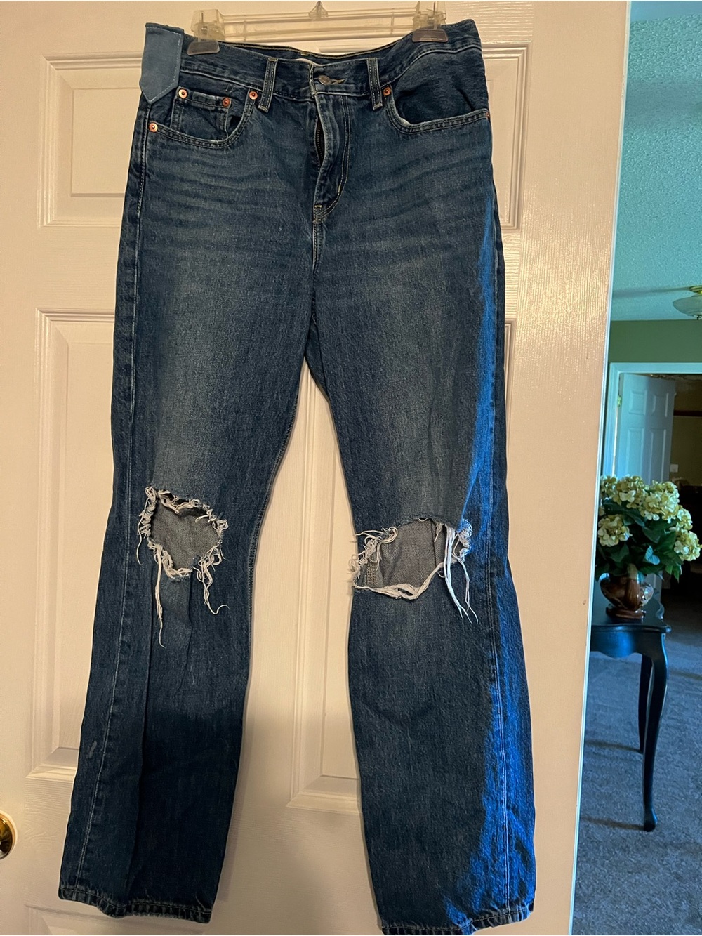 Levi's 501 Dark Blue Straight Leg Distressed Jeans